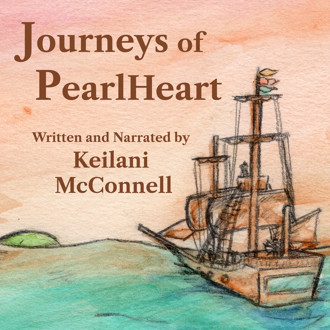 A hand-drawn watercolor ship sailing into the sunrise toward a green island
